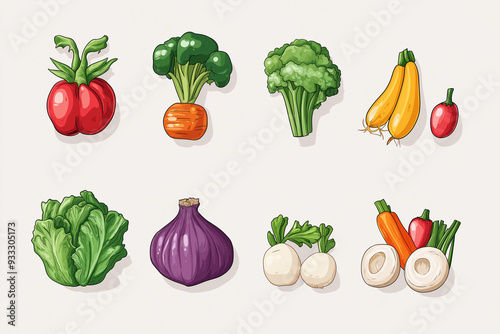 cartoon comic styled version of lots of fresh vegetables as a healthy nutrition concept for children in school