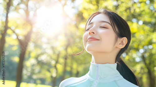 Young woman in workout attire embracing the summer sunlight in a park, with closed eyes and face lifted. An ultra-realistic 4K close-up capturing her happiness and tranquility while engaging in outdoo