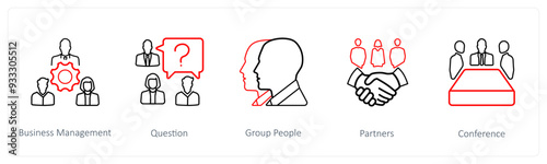 A set of 5 business icons such as business management, question