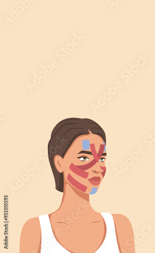 Kinesiology facial taping technique, facial tapes, woman with facial tapes, face lift, self care, vector template with place for text for advertising, website, banner, posters