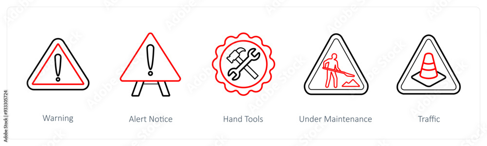 A set of 5 under maintenance icons such as warning, alert notice A set of 5 under maintenance icons such as warning, alert notice