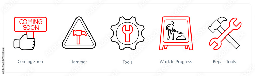 A set of 5 under maintenance icons such as coming soon, hammer A set of 5 under maintenance icons such as coming soon, hammer