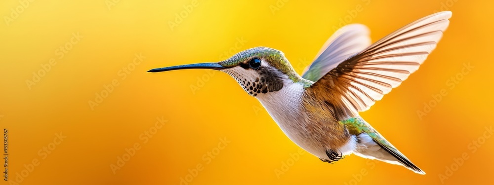 A hummingbird in flight, wings fully extended and radiant yellow backdrop A hummingbird in flight, wings fully extended and radiant yellow backdrop