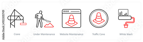 A set of 5 under maintenance icons such as crane, under maintenance