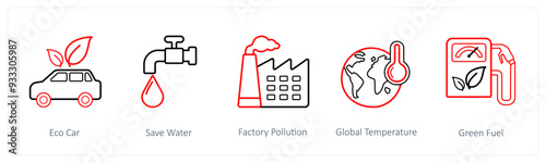 A set of 5 weather icons such as eco car, save water, factory pollution