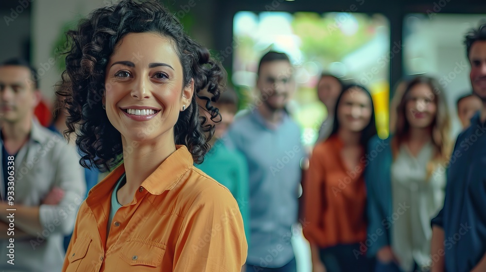A woman leader standing in front of her office team A woman leader standing in front of her office team