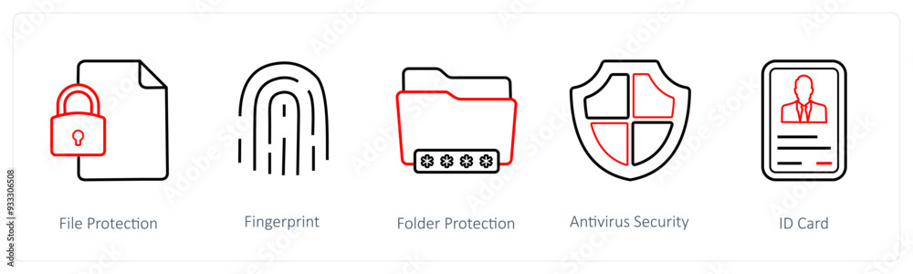 A set of 5 security icons such as file protection, fingerprint A set of 5 security icons such as file protection, fingerprint
