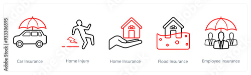 A set of 5 insurance icons such as car insurance, home injury