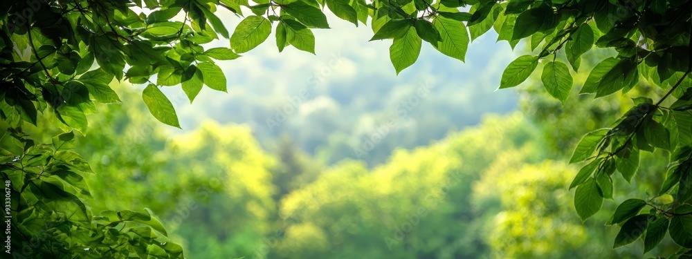 A lush green forest viewed through a leafy tree's branches, distant trees blurred in the background A lush green forest viewed through a leafy tree's branches, distant trees blurred in the background
