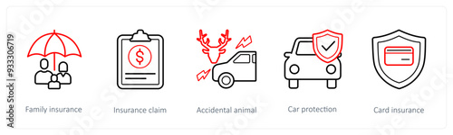 A set of 5 insurance icons such as family insurance, insurance claim