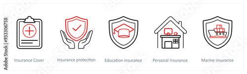 A set of 5 insurance icons such as insurance cover, insurance protection