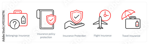 A set of 5 insurance icons such as belongings insurance, insurance policy protection