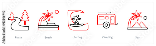 A set of 5 travel and vacation icons such as route, beach, surfing