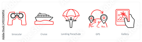 A set of 5 travel and vacation icons such as binocular, cruise, landing parachute