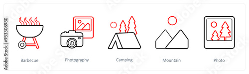 A set of 5 travel and vacation icons such as barbecue, photography, camping