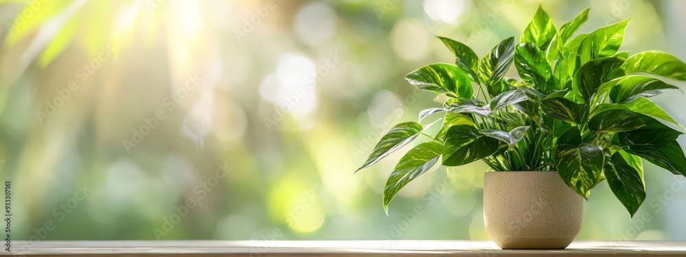 A potted plant rests before a sunlit window, as sunlight filters through its leaves A potted plant rests before a sunlit window, as sunlight filters through its leaves