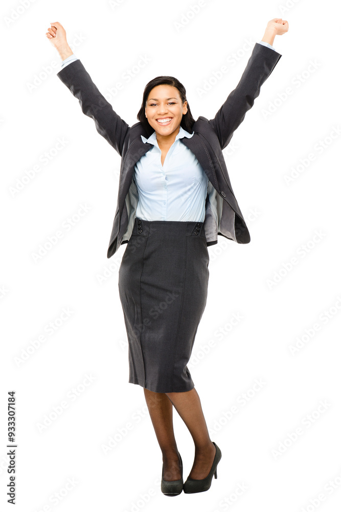 Portrait, celebration or happy businesswoman in studio with freedom, promotion or achievement by white background. Hands up, proud and confident female banker winning bonus prize, success or profit Portrait, celebration or happy businesswoman in studio with freedom, promotion or achievement by white background. Hands up, proud and confident female banker winning bonus prize, success or profit