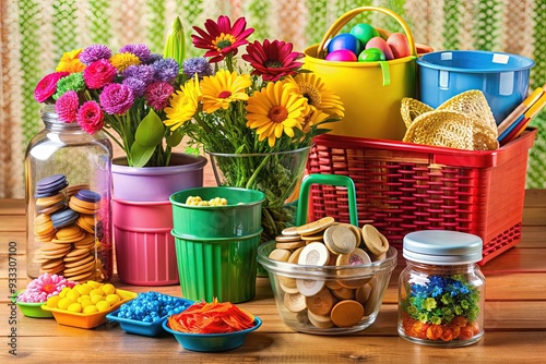 A colorful arrangement of discounted everyday items, such as dollar store finds and clearance bin treasures, showcase affordable living on a budget-friendly theme. photo