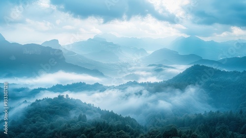 Showing a morning picture with thick fog in the mountains.