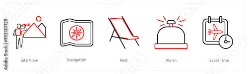 A set of 5 travel and vacation icons such as site view, navigation, rest
