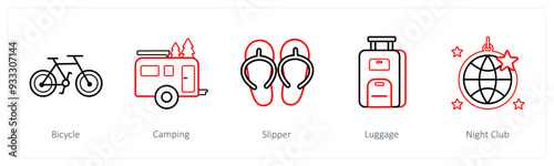 A set of 5 travel and vacation icons such as bicycle, camping, slipper