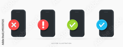 3D Phone with red exclamation mark and cross, green and blue tick icon set. Smartphone with important notification. Alert message. Accept and approve. Cartoon design icons. 3D Vector illustration
