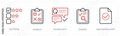 A set of 5 survey and ratings icons such as star rating, feedback, questionnaire