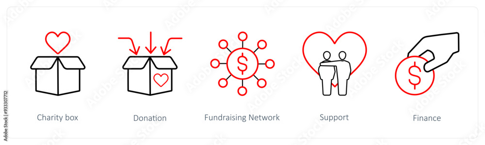 A set of 5 crowdfunding and donation icons such as charity, donation, fundraising network A set of 5 crowdfunding and donation icons such as charity, donation, fundraising network