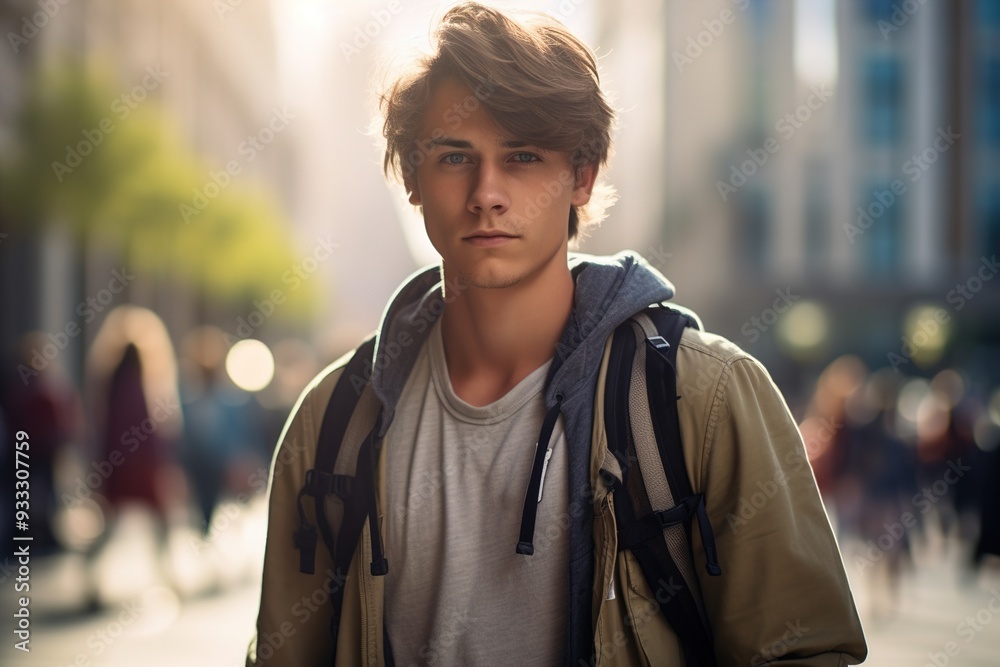 Fototapeta premium A young man wearing a backpack and a jacket stands in a busy city street