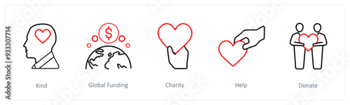 A set of 5 crowdfunding and donation icons such as kind, global funding
