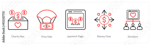 A set of 5 crowdfunding and donation icons such as charity box, price hike