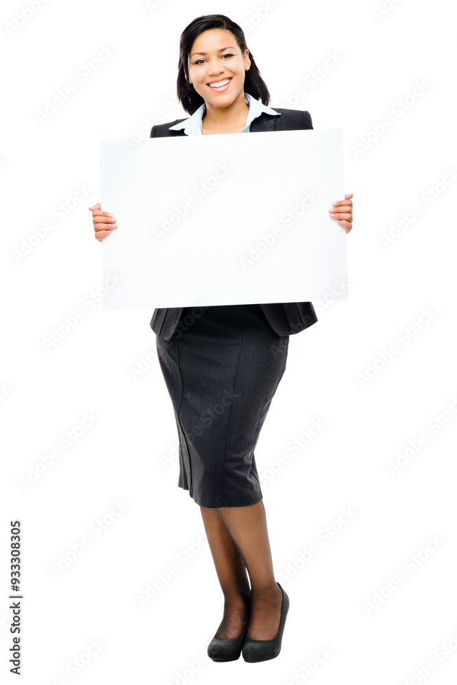 Business, woman and smile with poster in studio on white background for promotion with mockup space. Female person, portrait and placard for instructions, information and advertising or marketing Business, woman and smile with poster in studio on white background for promotion with mockup space. Female person, portrait and placard for instructions, information and advertising or marketing