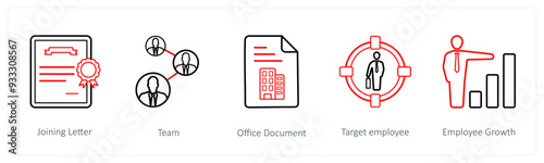 A set of 5 human resource icons such as joining letter, team