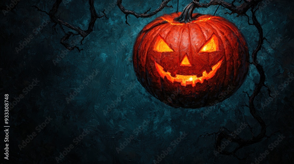 Naklejka premium Enchanted Pumpkin Hanging in Haunted Orchard with Magical Glow - Ultra HD