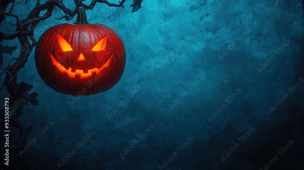 Naklejka premium Enchanted Pumpkin Hanging from Twisted Vine in Haunted Orchard with Magical Glow - Halloween Fantasy Concept
