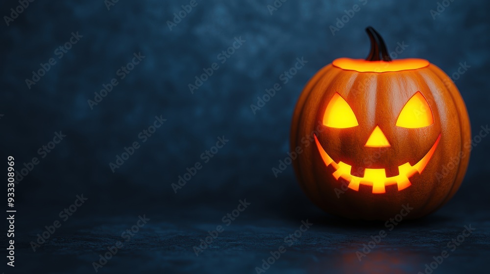 Spooky Yet Playful Halloween Pumpkin with Glowing Eyes in Cartoon Style on Dark Background - Quality Image with Copy Space for Text Spooky Yet Playful Halloween Pumpkin with Glowing Eyes in Cartoon Style on Dark Background - Quality Image with Copy Space for Text