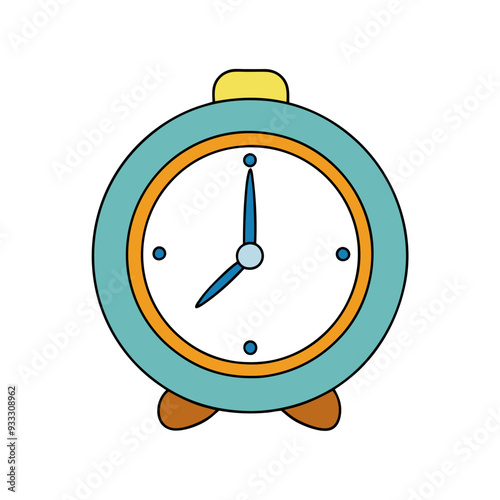 a simple illustration of an alarm clock. It has a round shape with a light blue outer casing and a yellow ring around the clock face. The clock face is white with two blue hands indicating the time