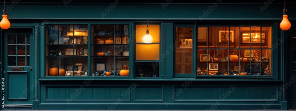 A serene antique shop at night, its windows displaying Halloween-themed antiques under soft lighting A serene antique shop at night, its windows displaying Halloween-themed antiques under soft lighting