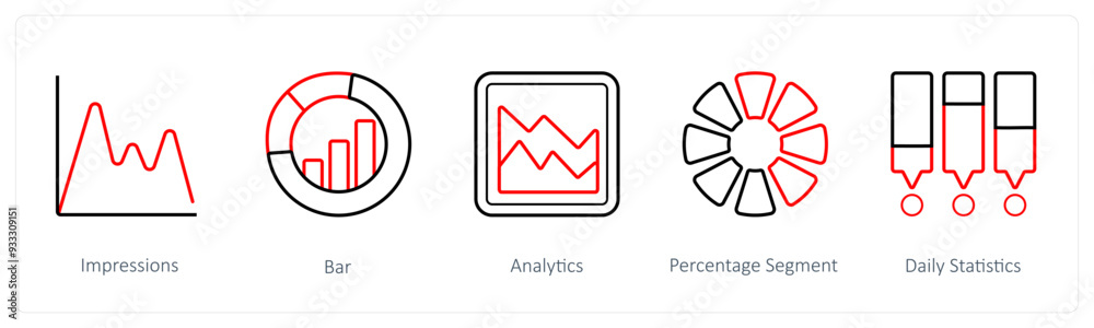 A set of 5 diagram and report icons such as impressions, bar, analytics A set of 5 diagram and report icons such as impressions, bar, analytics