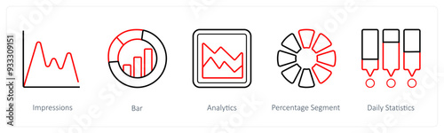A set of 5 diagram and report icons such as impressions, bar, analytics