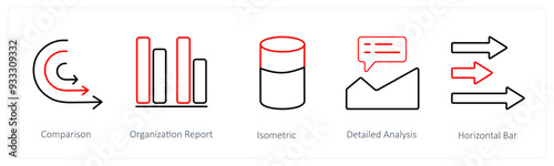 A set of 5 diagram and report icons such as comparison, organization report