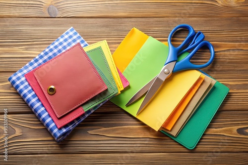 A colorful coupon booklet with scissors and a pen lies open on a wooden table, surrounded by shopping bags and credit cards, emphasizing savings. photo