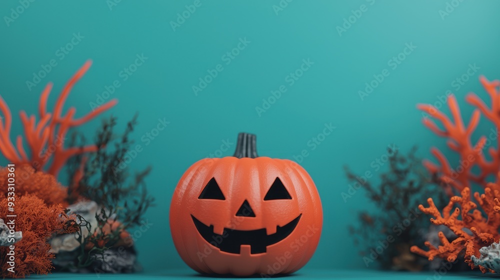 Fototapeta premium Playful and Spooky Cartoon Halloween Pumpkin Underwater - with Copy Space for Text