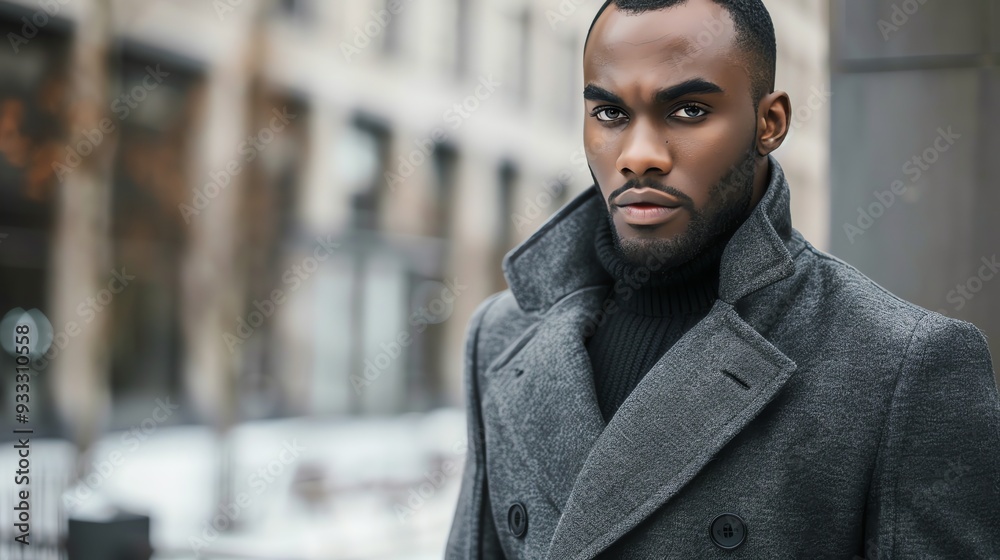 A Black man in a gray coat looks seriously at the camera. A Black man in a gray coat looks seriously at the camera.