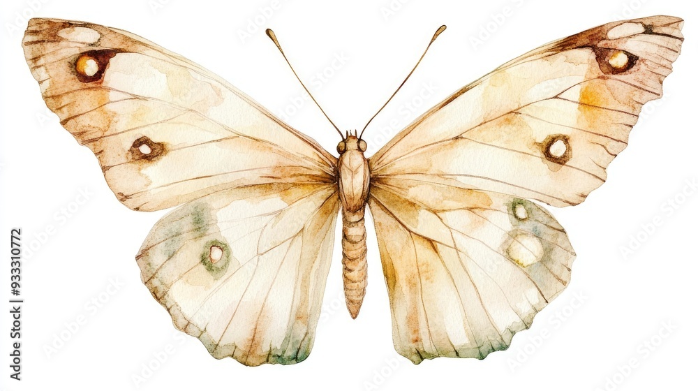 Fototapeta premium Elegant bohemian butterfly Watercolor hand painted beige insect clipart isolated on a background Botanical and wedding artwork suitable for designers invitations decorations postcards wrapping pape