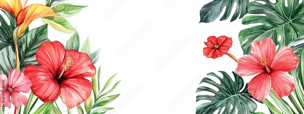 Fototapeta premium Elegant frame featuring vibrant watercolor tropical flowers and lush leaves against a white backdrop