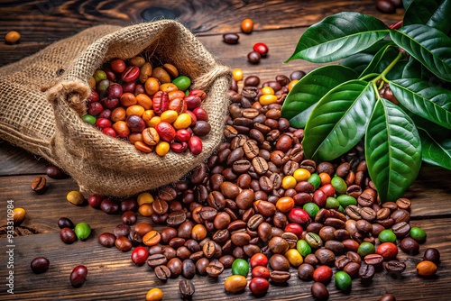 A colorful heap of fragrant, crescent-shaped coffee beans spills from a small burlap sack, surrounded by lush green leaves and rustic wooden accents. photo