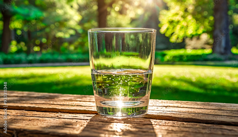 A glass of water sits on a wooden table, bathed in warm sunlight, with a lush green garden in the background, symbolizing freshness and natural hydration. A glass of water sits on a wooden table, bathed in warm sunlight, with a lush green garden in the background, symbolizing freshness and natural hydration.