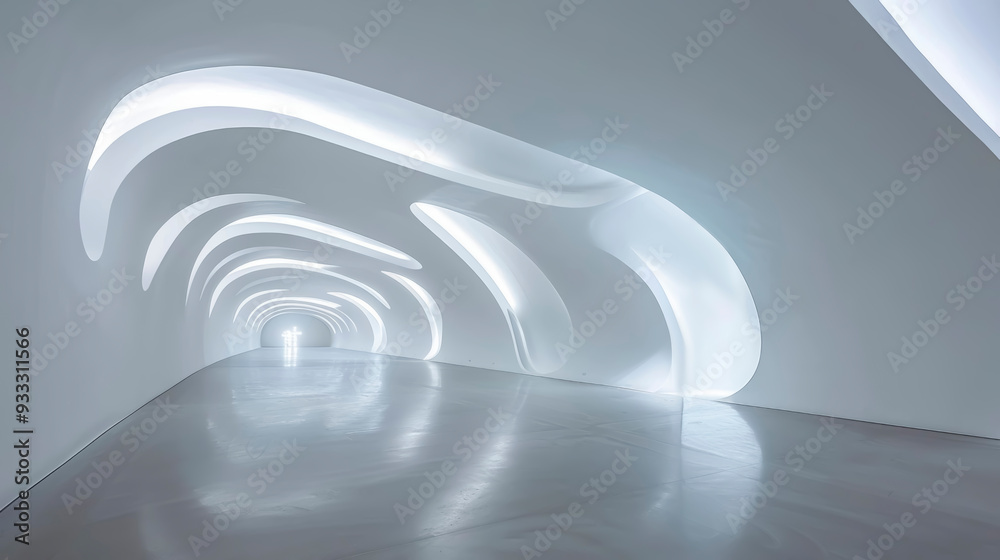 Obraz premium The gallery's bright interior space features elegant curves, while large windows allow natural light to flow in, creating a tranquil atmosphere.