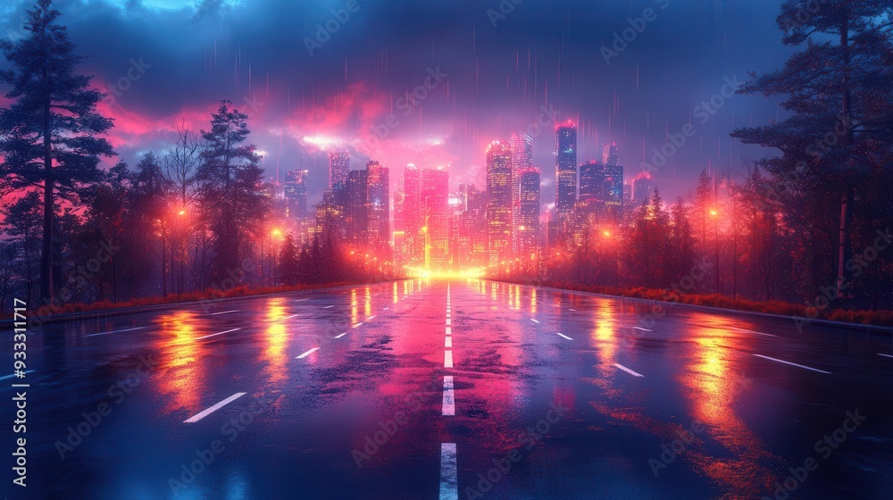 Fototapeta premium dramatic perspective of empty urban highway leading to futuristic city skyline neon lights cyberpunk atmosphere
